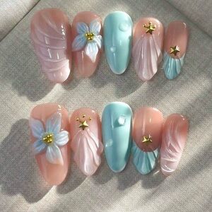 Pink and Blue Press-On Nails with Floral Accents
